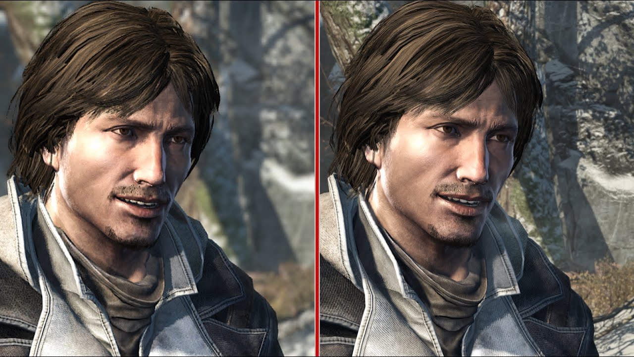 À gauche, la version originale du jeu sur PS3/Xbox 360, à droite, la version remasterisée. On voit que les détails à l'arrière sont bien meilleurs, mais le personnage lui-même est presque identique. Assassin's Creed Rogue Remastered